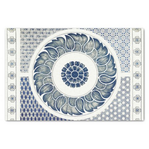 Blue White Floral Chinese Round Tissue Paper