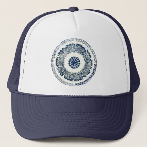 Blue White Floral Chinese Round Trucker Hat