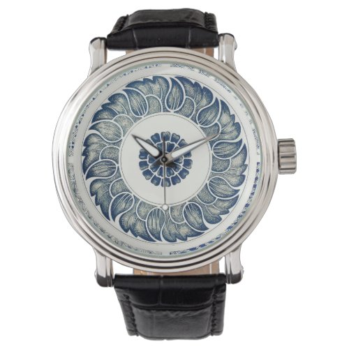Blue White Floral Chinese Round Watch