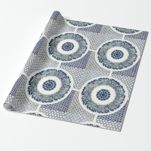 Blue White Floral Chinese Round Wrapping Paper