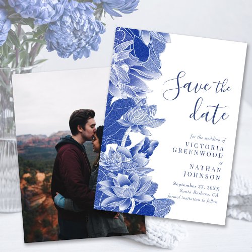 Blue White Floral Chinoiserie Photo Save the Date