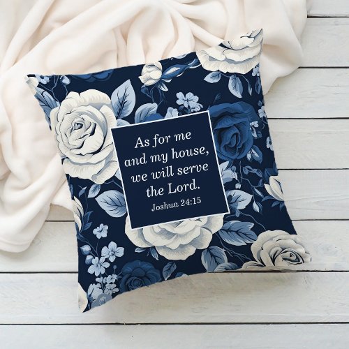 Blue White Floral Christian Bible Verse  Throw Pillow
