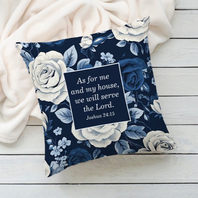 Blue White Floral Christian Bible Verse  Throw Pillow (Navy blue white floral Christian Bible verse decorator pillow)