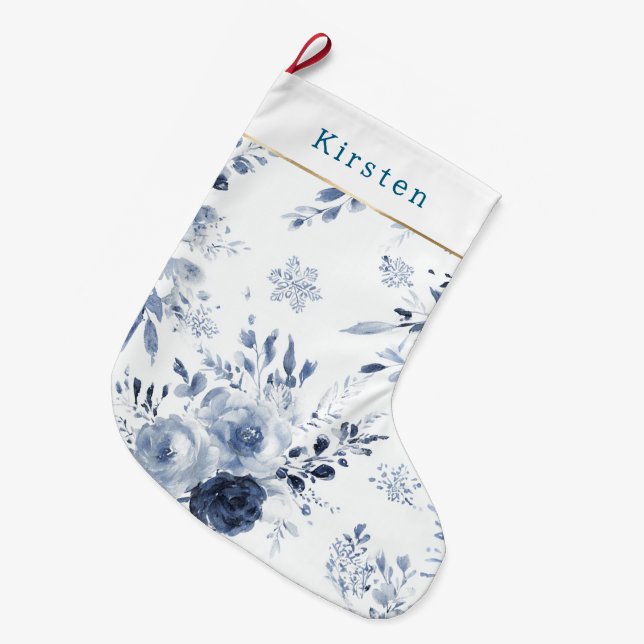Blue White Floral Christmas Large Christmas Stocking (Front (Hanging))