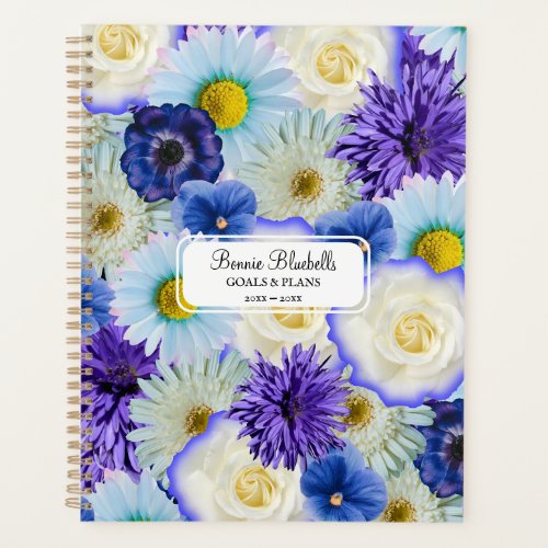 Blue  White Floral Collage Big Bold Personalized Planner