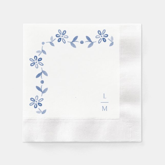 Blue & White Floral Couple Initials Wedding  Napkins (Front)