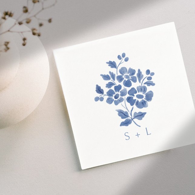 Blue & White Floral Couple Initials Wedding  Napkins (Creator Uploaded)