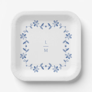 Blue & White Floral Couple Initials Wedding  Paper Plates