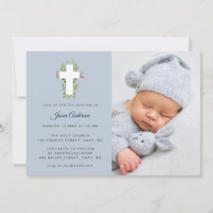 Blue & white  Floral Cross Photo Baptism Invitation