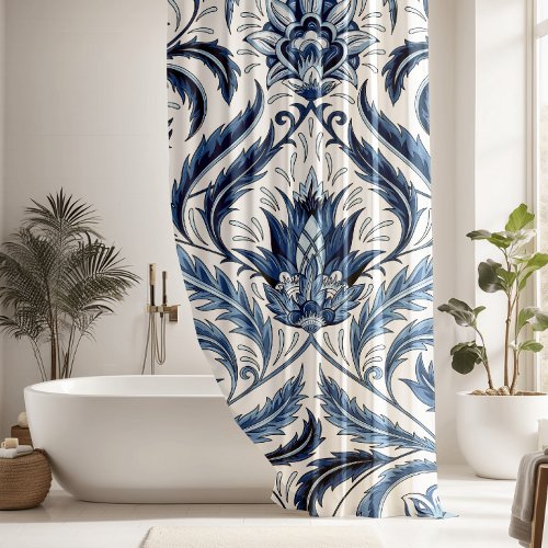 Blue  White Floral Damask Floral Shower Curtain