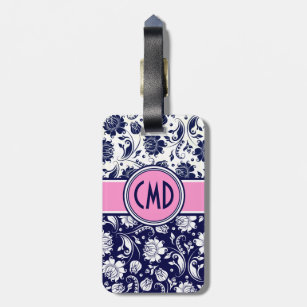 Blue & White Floral Damask Pink Accents 2 Luggage Tag