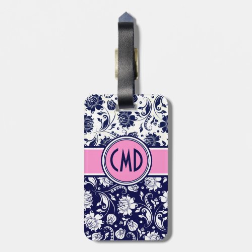 Blue  White Floral Damask Pink Accents 2 Luggage Tag