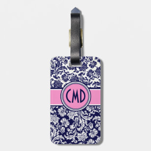 Blue & White Floral Damask Pink Accents 3 Luggage Tag