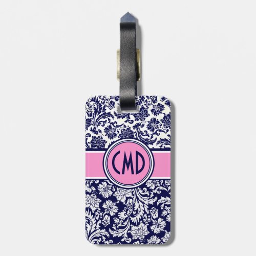 Blue  White Floral Damask Pink Accents 3 Luggage Tag