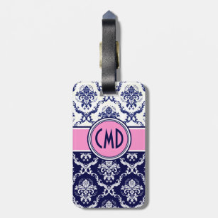 Blue & White Floral Damask Pink Accents Luggage Tag