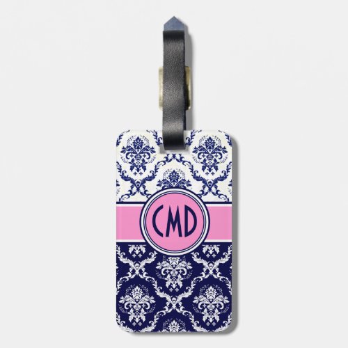 Blue  White Floral Damask Pink Accents Luggage Tag