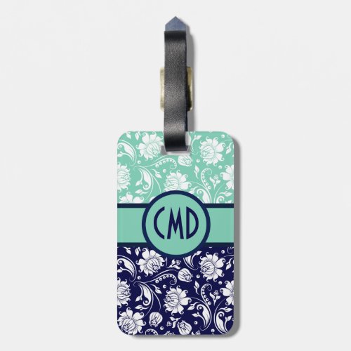 Blue  White Floral Damask Teal Accents Luggage Tag