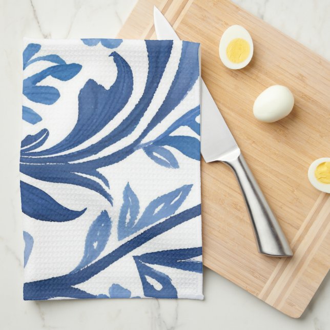 Blue & White Floral Design | Chinoiserie Pattern Kitchen Towel (Quarter Fold)