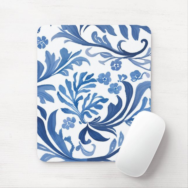 Blue & White Floral Design | Chinoiserie Pattern Mouse Pad (With Mouse)