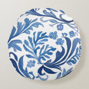 Blue & White Floral Design   Chinoiserie Pattern Round Pillow