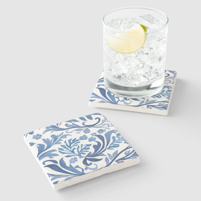 Blue & White Floral Design | Chinoiserie Pattern Stone Coaster (Side)