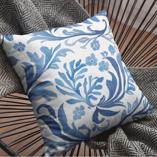 Blue & White Floral Design | Chinoiserie Pattern Throw Pillow (Creator Uploaded)