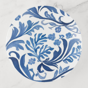 Blue & White Floral Design   Chinoiserie Pattern Trinket Tray