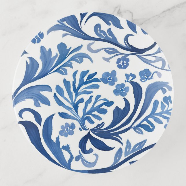 Blue & White Floral Design | Chinoiserie Pattern Trinket Tray (Front)