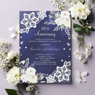 Blue white floral diamond 60th wedding anniversary invitation