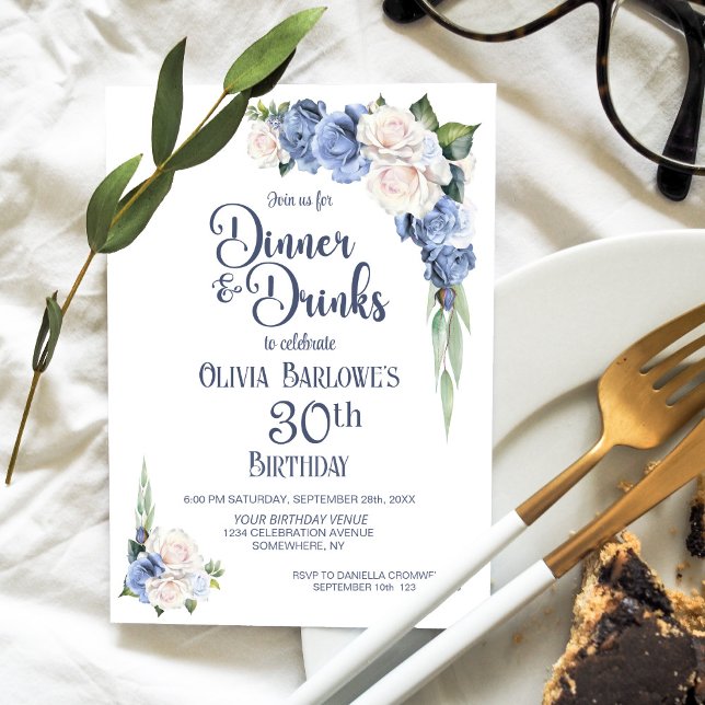 Blue White Floral Dinner and Drinks 30th Birthday Invitation (Creator Uploaded)
