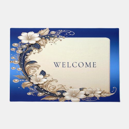 Blue White Floral Doormat