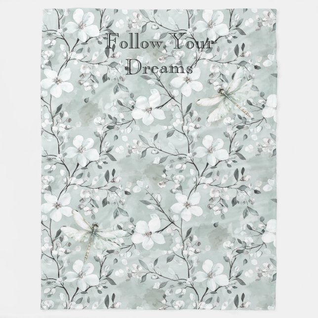 Blue White Floral Dragonflies Fleece Blanket (Front)