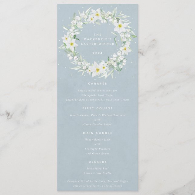 Blue White Floral Easter Wreath Flat 4 Course Menu (Front)