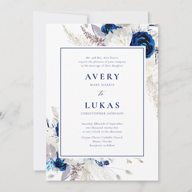 Blue White Floral Elegant Wedding Invitation (Front)