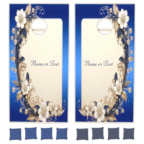 Blue White Floral Embellishment Cornhole Set