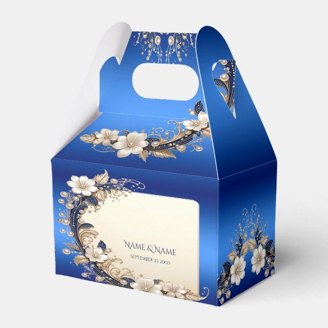 Blue White Floral Embellishment Favor Box (Front Side)