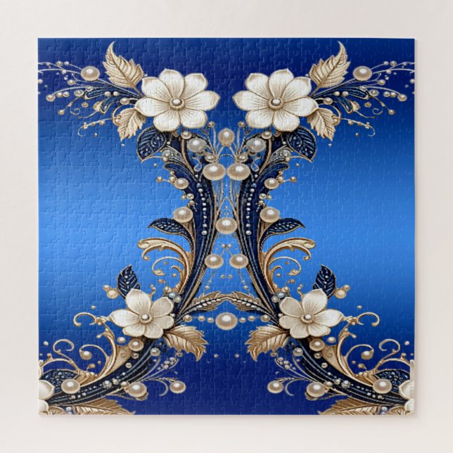Blue White Floral Embellishment Jigsaw Puzzle (Vertical)