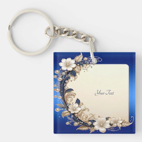 Blue White Floral Embellishment Keychain