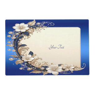 Blue White Floral Embellishment Laminated Placemat