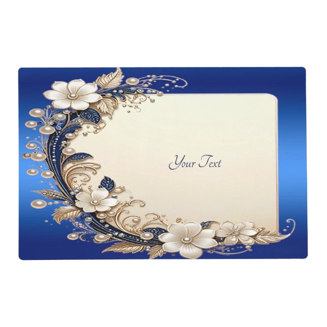 Blue White Floral Embellishment Laminated Placemat (Front)