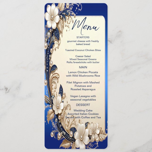 Blue White Floral Embellishment Menu (Front)