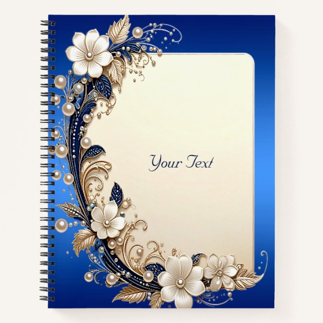 Blue White Floral Embellishment Notebook (Front)