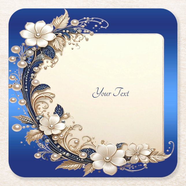 Blue White Floral Embellishment Paper Coaster (Front)
