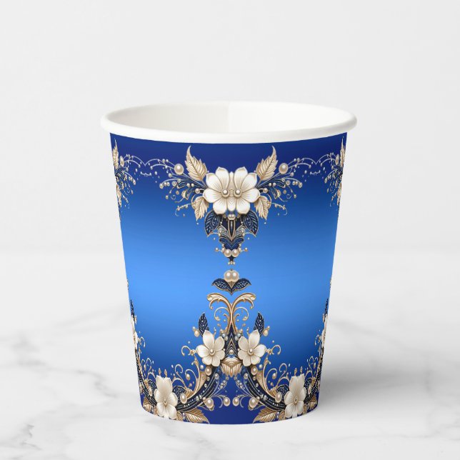 Blue White Floral Embellishment Paper Cups (Left)