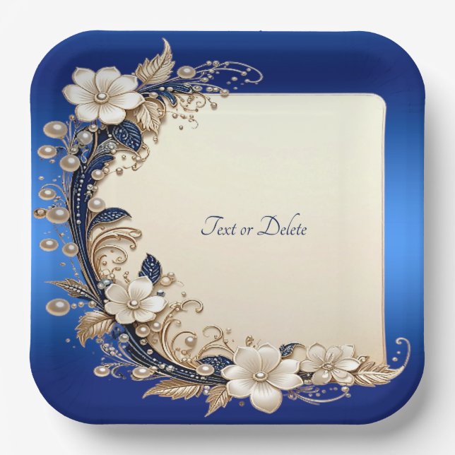 Blue White Floral Embellishment Paper Plate (Front)