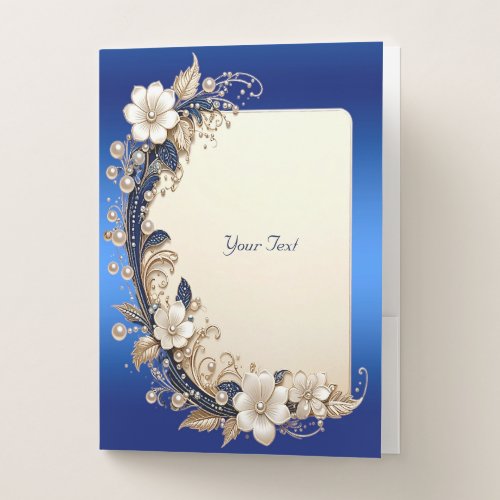 Blue White Floral Embellishment Pocket Folder