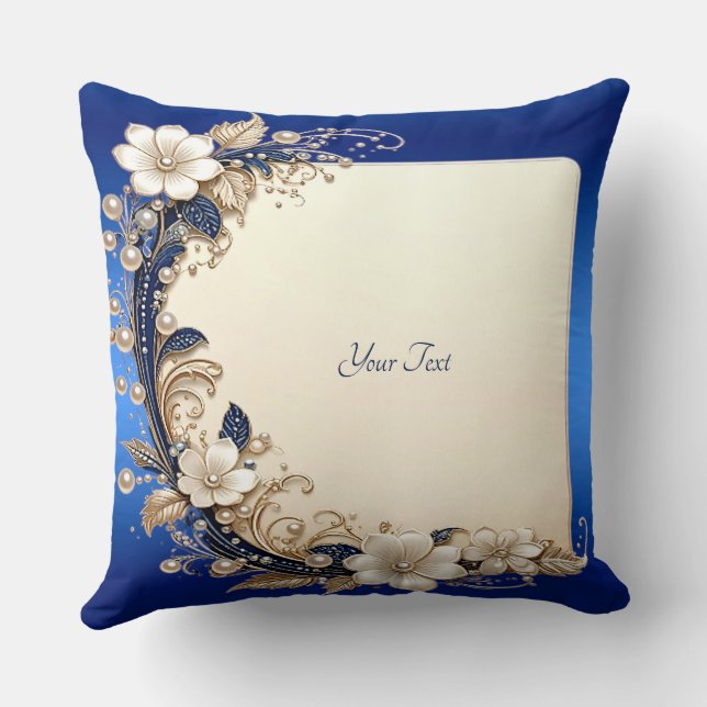 Blue White Floral Embellishment Throw Pillow (Back)