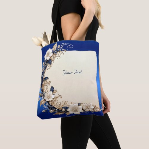 Blue White Floral Embellishment Tote Bag