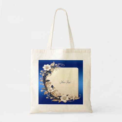 Blue White Floral Embellishment Tote Bag