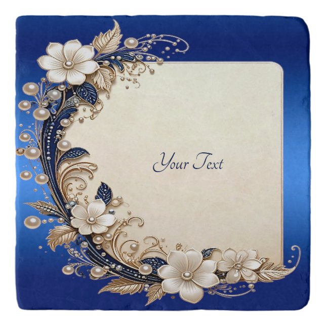 Blue White Floral Embellishment Trivet (Front)